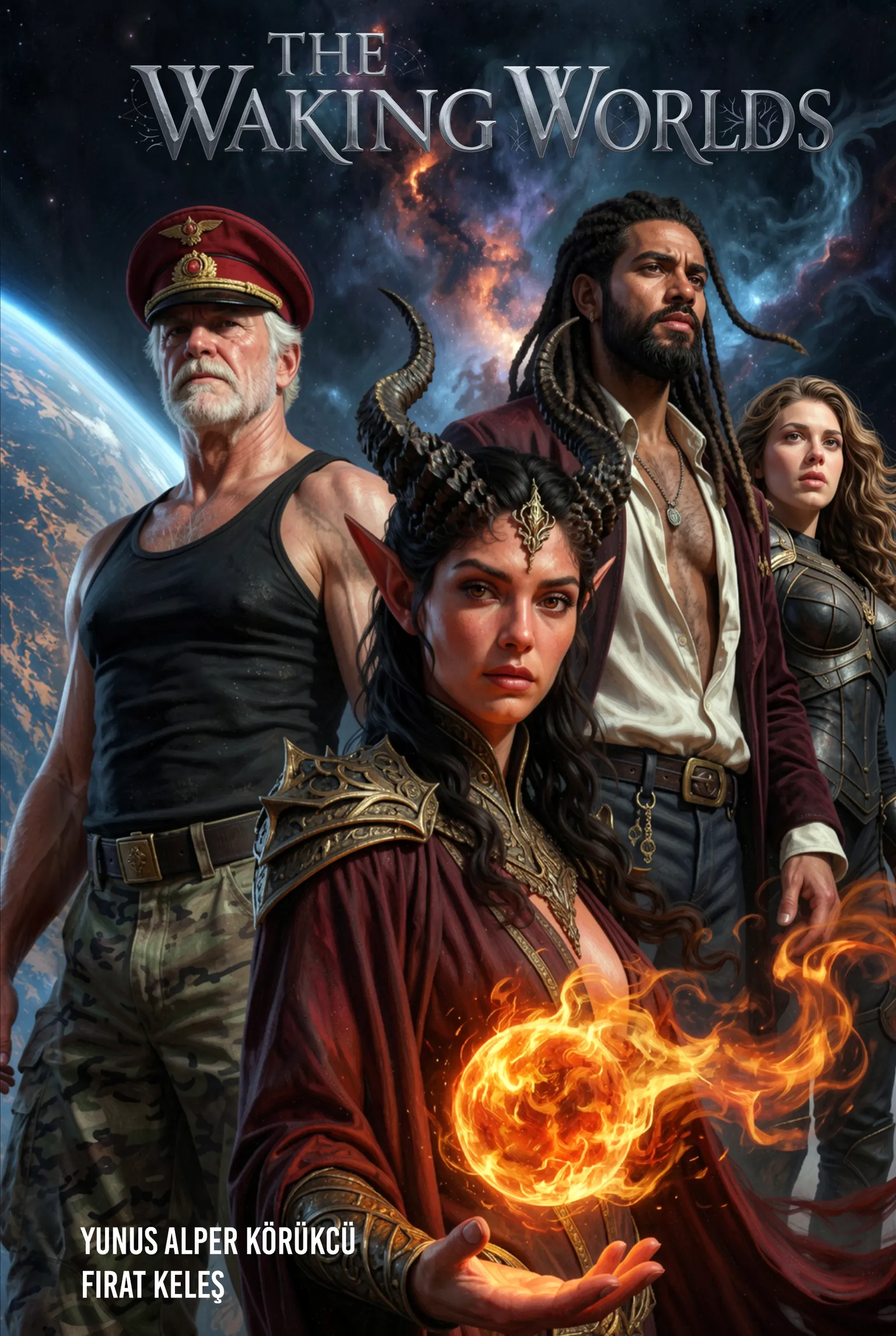 Cover of The Waking Worlds, Episode One. Four characters stand in front of a nebula and a planet, and one of them holds a ball of fire.